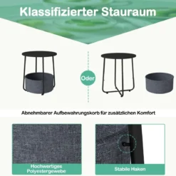 Rund Beistelltisch mit Aufbewahrungskorb Klein Sofatisch Modern Couchtisch Nachttisch Schwarz