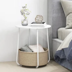 Rund Beistelltisch mit Aufbewahrungskorb Klein Sofatisch Modern Couchtisch Nachttisch Weiß