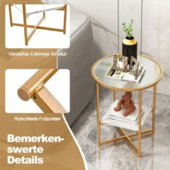 Runder Beistelltisch mit Gehärtetem Glas & Ablage aus Kunstmarmor & Goldenem Metallrahmen