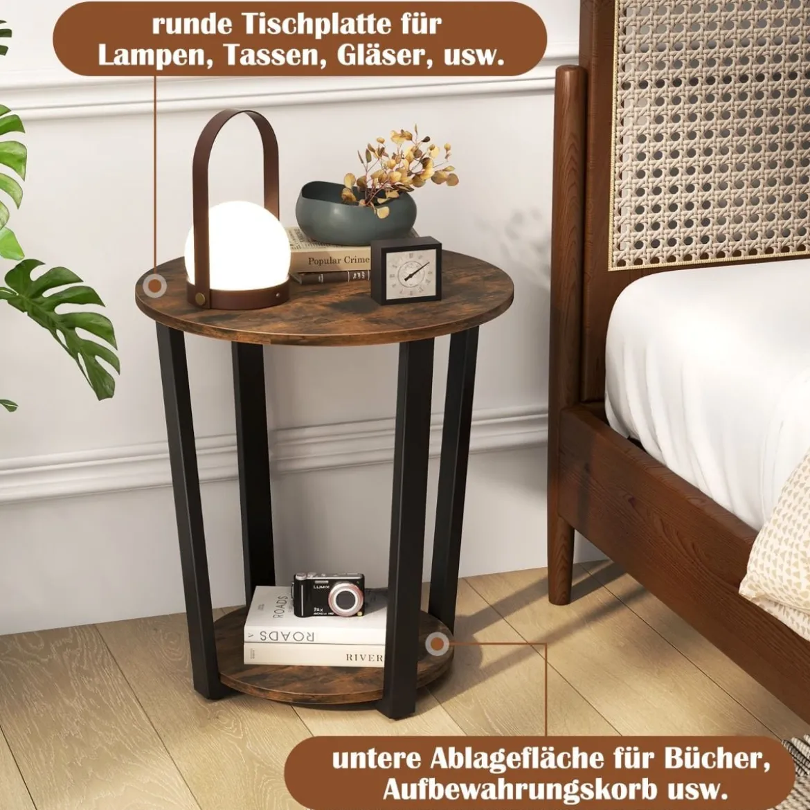 Runder Beistelltisch mit Offener Ablage & Metallrahmen 2-stufiger Akzenttisch Sofatisch