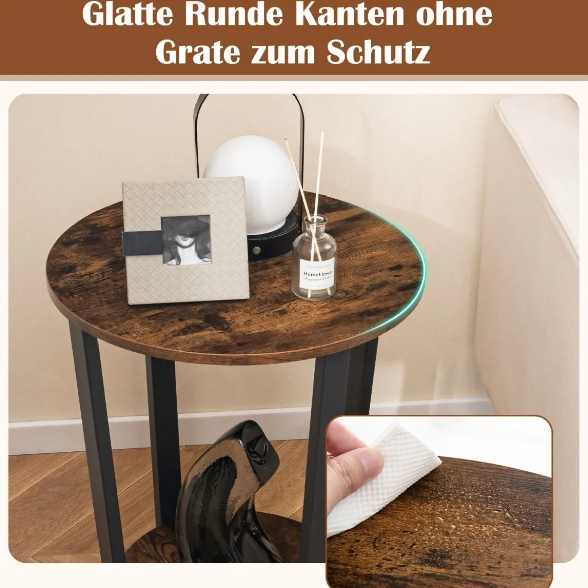 Runder Beistelltisch mit Offener Ablage & Metallrahmen 2-stufiger Akzenttisch Sofatisch