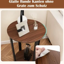 Runder Beistelltisch mit Offener Ablage & Metallrahmen 2-stufiger Akzenttisch Sofatisch