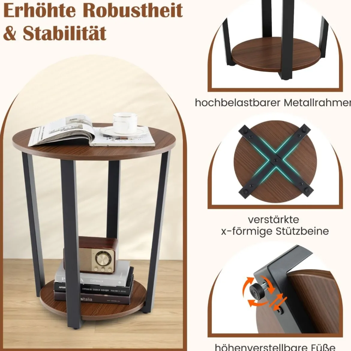 Runder Beistelltisch mit Offener Ablage & Metallrahmen 2-stufiger Akzenttisch Sofatisch