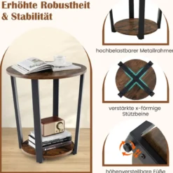 Runder Beistelltisch mit Offener Ablage & Metallrahmen 2-stufiger Akzenttisch Sofatisch