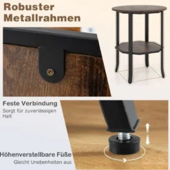Runder Beistelltisch 2-stufiger Endtisch mit Ablagefach industrieller Akzenttisch Nachttisch mit robustem Metallrahmen Rustikal Braun