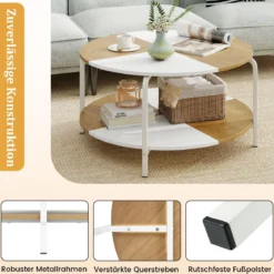 Runder Couchtisch mit Ablagefach & Metallgestell Hölzerner Akzenttisch Cocktailtisch Weiß & Natur