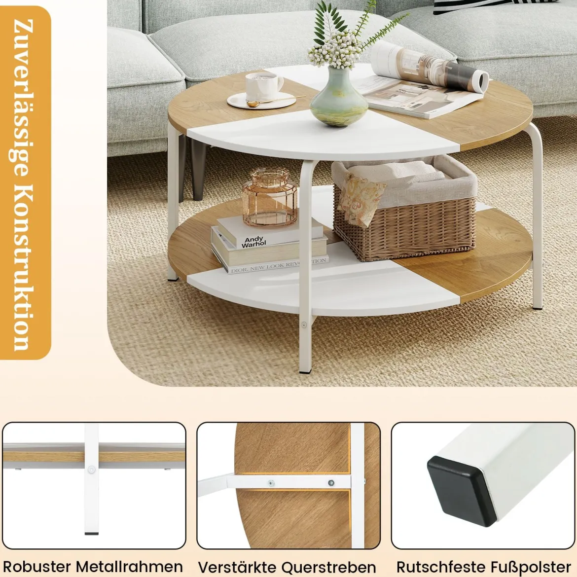 Runder Couchtisch mit Ablagefach & Metallgestell Hölzerner Akzenttisch Cocktailtisch Weiß & Natur