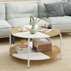 Runder Couchtisch mit Ablagefach & Metallgestell Hölzerner Akzenttisch Cocktailtisch Weiß & Natur
