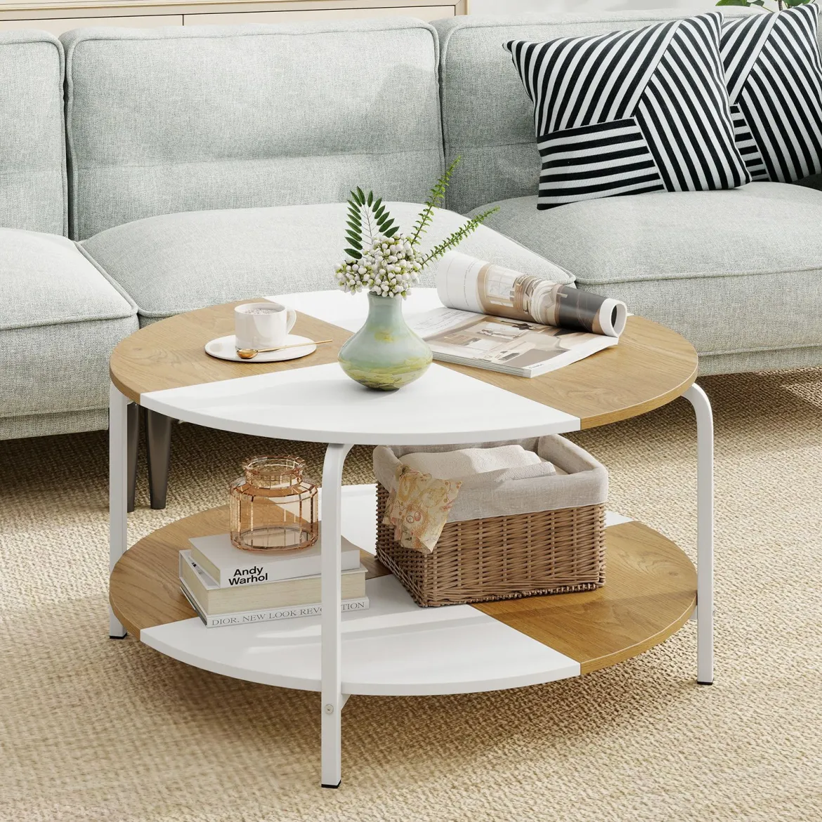 Runder Couchtisch mit Ablagefach & Metallgestell Hölzerner Akzenttisch Cocktailtisch Weiß & Natur