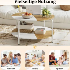 Runder Couchtisch mit Ablagefach & Metallgestell Hölzerner Akzenttisch Cocktailtisch Weiß & Natur