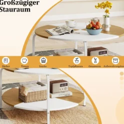 Runder Couchtisch mit Ablagefach & Metallgestell Hölzerner Akzenttisch Cocktailtisch Weiß & Natur