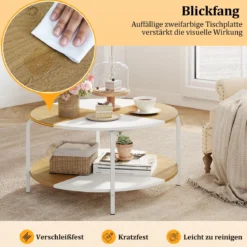 Runder Couchtisch mit Ablagefach & Metallgestell Hölzerner Akzenttisch Cocktailtisch Weiß & Natur