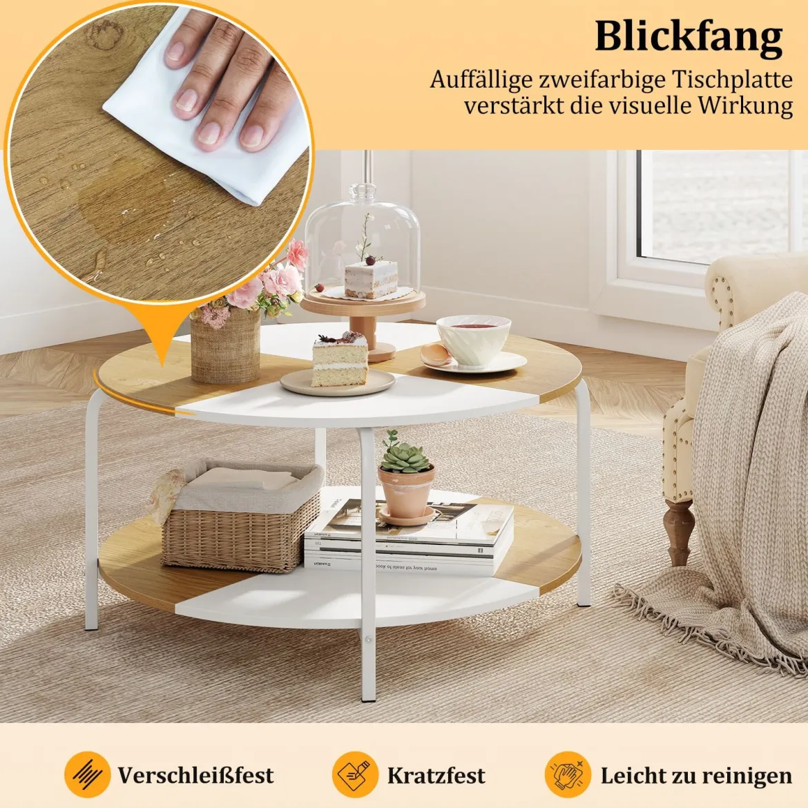 Runder Couchtisch mit Ablagefach & Metallgestell Hölzerner Akzenttisch Cocktailtisch Weiß & Natur