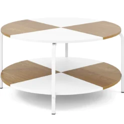 Runder Couchtisch mit Ablagefach & Metallgestell Hölzerner Akzenttisch Cocktailtisch Weiß & Natur