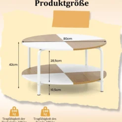 Runder Couchtisch mit Ablagefach & Metallgestell Hölzerner Akzenttisch Cocktailtisch Weiß & Natur