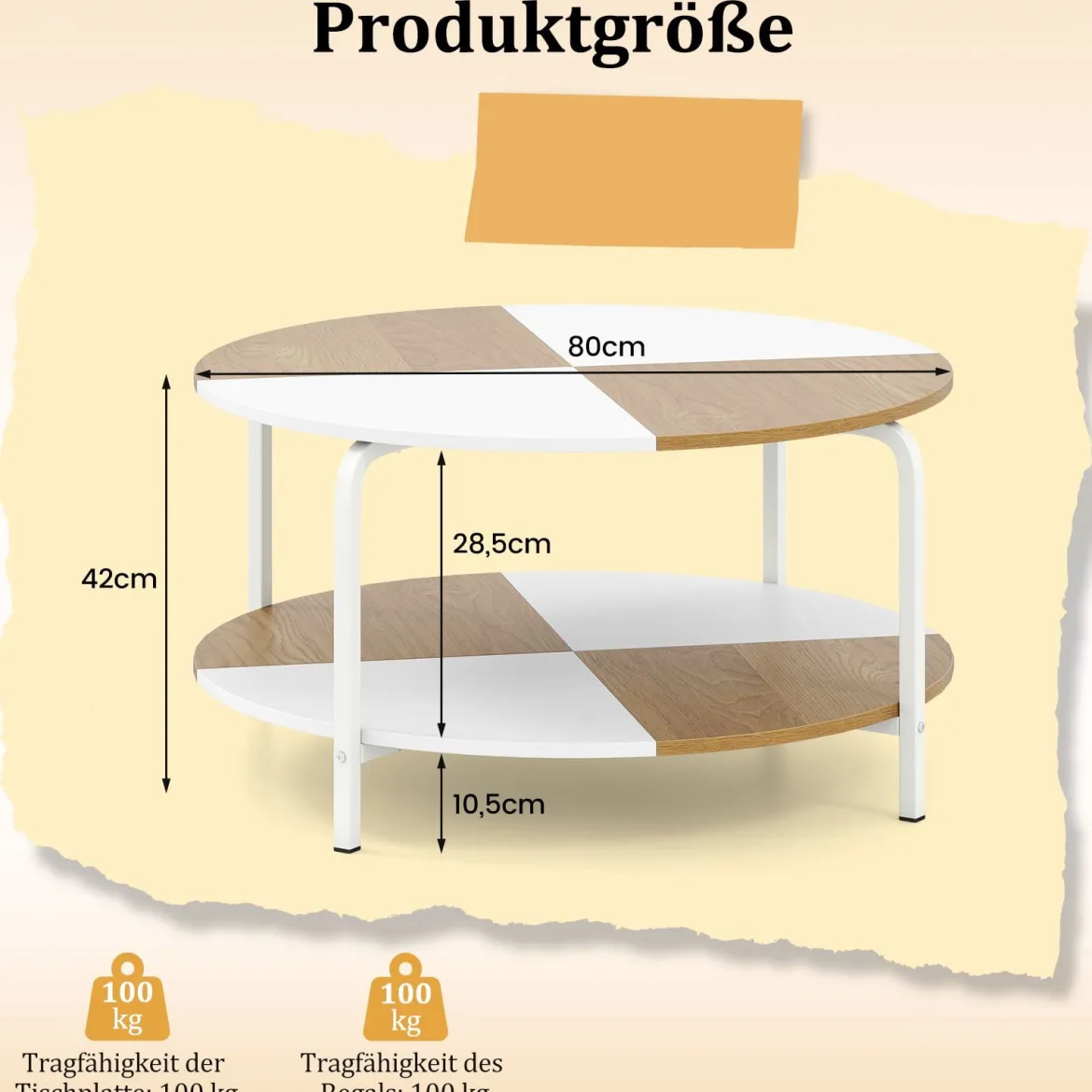 Runder Couchtisch mit Ablagefach & Metallgestell Hölzerner Akzenttisch Cocktailtisch Weiß & Natur