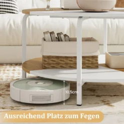 Runder Couchtisch mit Ablagefach & Metallgestell Hölzerner Akzenttisch Cocktailtisch Weiß & Natur