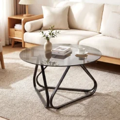 Runder Couchtisch mit Gehärtetem Glas & Metallrahmen Moderner Glastisch Beistelltisch Schwarz