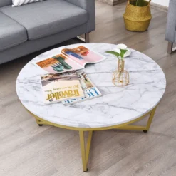 Runder Couchtisch mit Weißem Marmor MDF Oberseite & Goldem Metallrahmen 90 x 90 x 42 cm