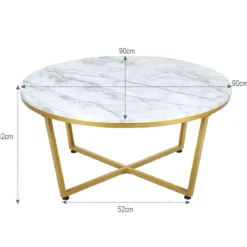 Runder Couchtisch mit Weißem Marmor MDF Oberseite & Goldem Metallrahmen 90 x 90 x 42 cm