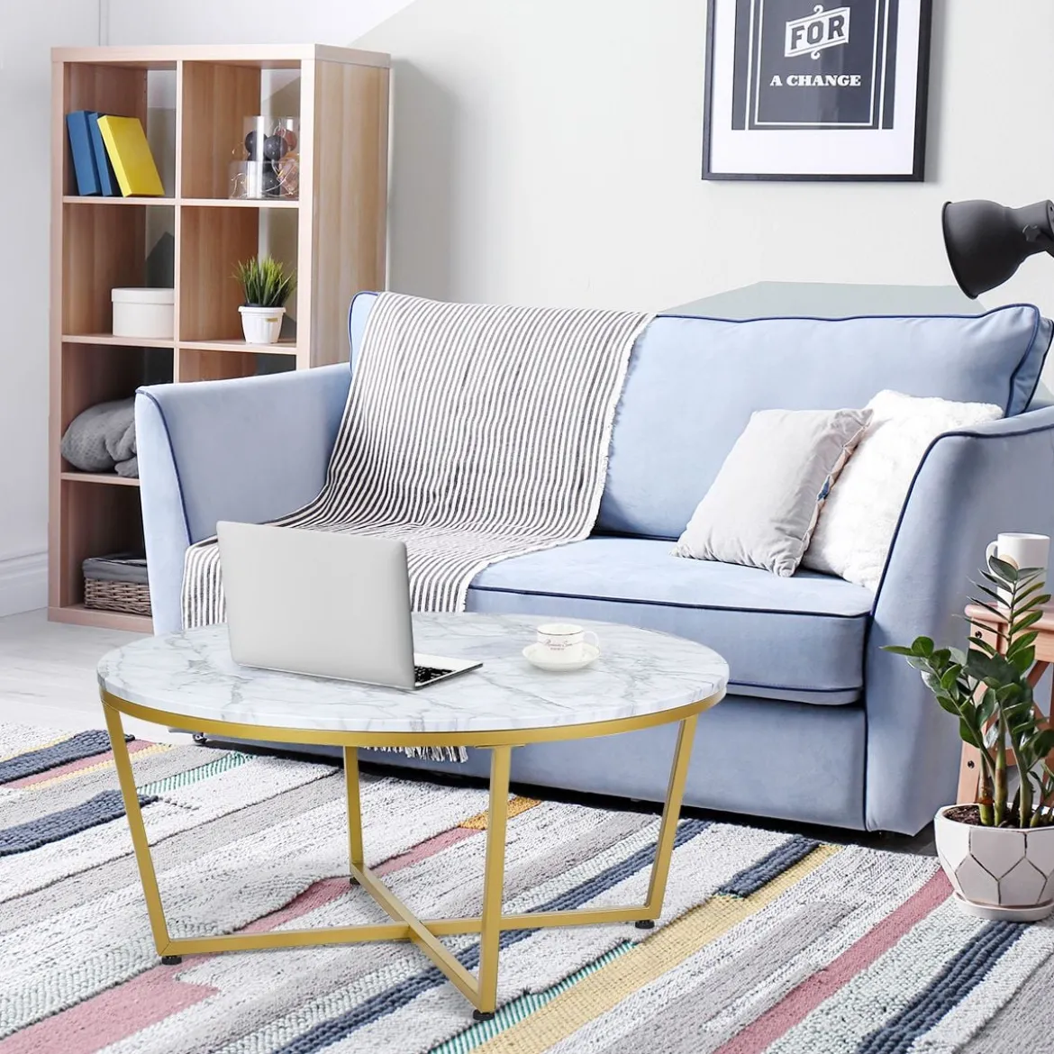 Runder Couchtisch mit Weißem Marmor MDF Oberseite & Goldem Metallrahmen 90 x 90 x 42 cm