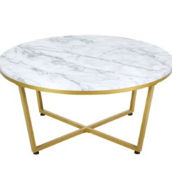 Runder Couchtisch mit Weißem Marmor MDF Oberseite & Goldem Metallrahmen 90 x 90 x 42 cm