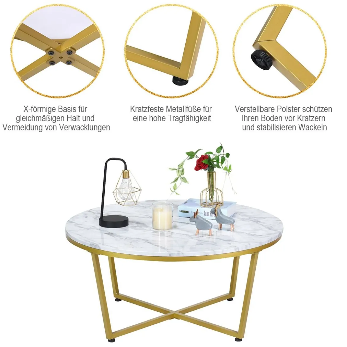 Runder Couchtisch mit Weißem Marmor MDF Oberseite & Goldem Metallrahmen 90 x 90 x 42 cm