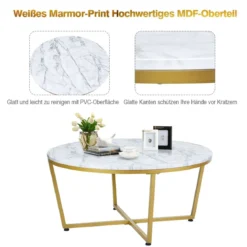 Runder Couchtisch mit Weißem Marmor MDF Oberseite & Goldem Metallrahmen 90 x 90 x 42 cm