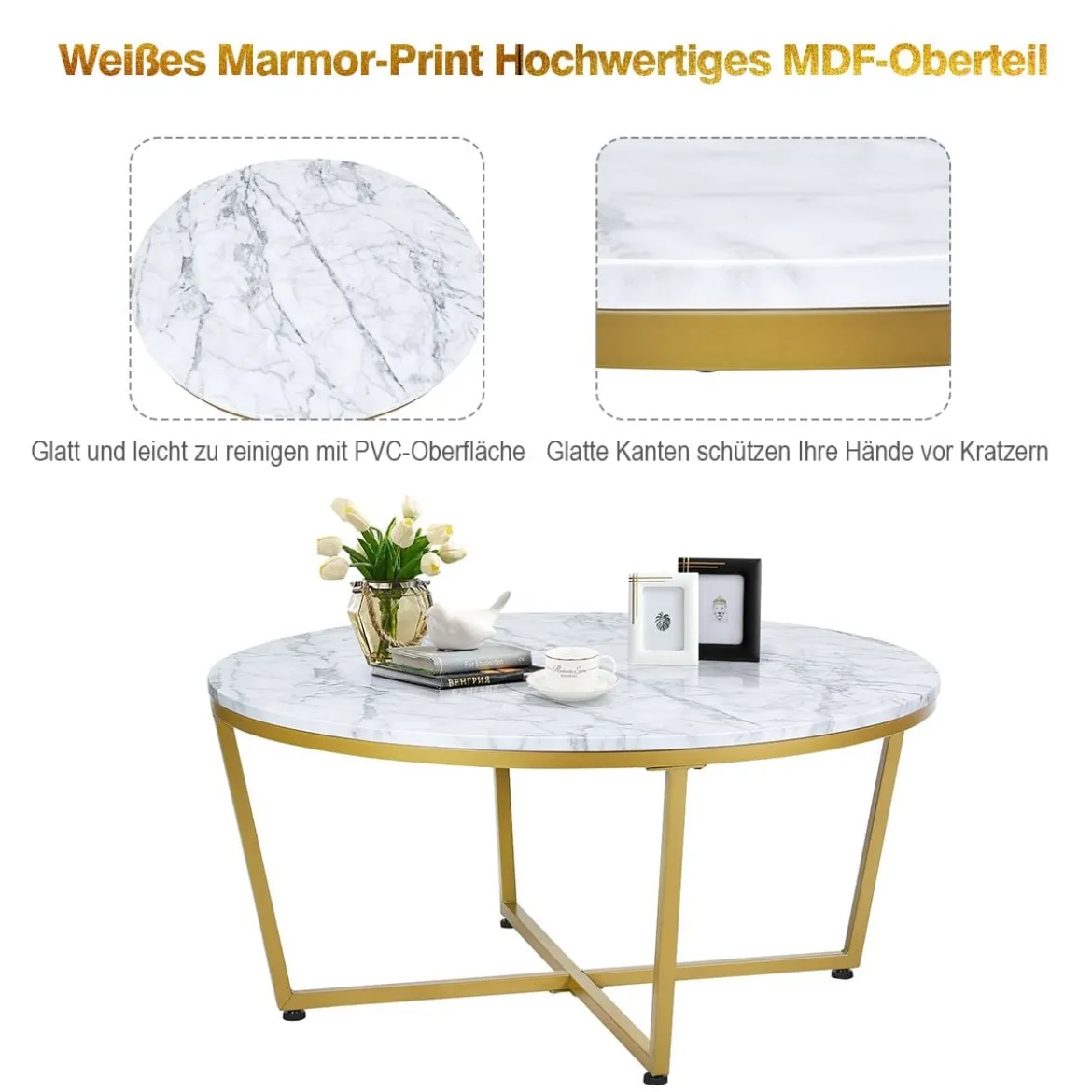 Runder Couchtisch mit Weißem Marmor MDF Oberseite & Goldem Metallrahmen 90 x 90 x 42 cm