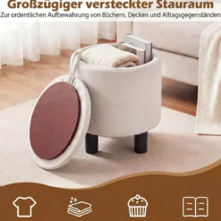 Runder Sitzhocker aus Leinen Ø38 cm gepolsterter Fußhocker mit Stauraum Beige