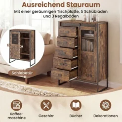 Rustikaler Buffetschrank mit Schiebetür & 5 Schubladen & Verstellbaren Einlegeböden Rustikal Braun