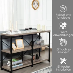 Rustikaler 3-Stufiger Konsolentisch mit Lagerregalen & X-Form & Langlebigem Metallrahmen Kaffee