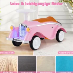 Rutschauto klassisches Fuß-zu-Boden Rutschfahrzeug mit Lenkrad Hupe LED-Scheinwerfer und Stauraum unter dem Sitz Rosa