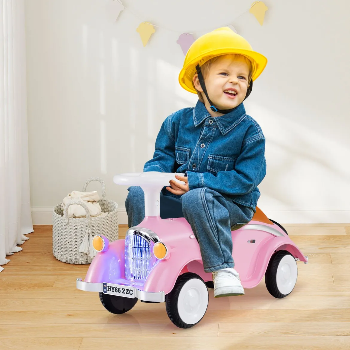 Rutschauto klassisches Fuß-zu-Boden Rutschfahrzeug mit Lenkrad Hupe LED-Scheinwerfer und Stauraum unter dem Sitz Rosa