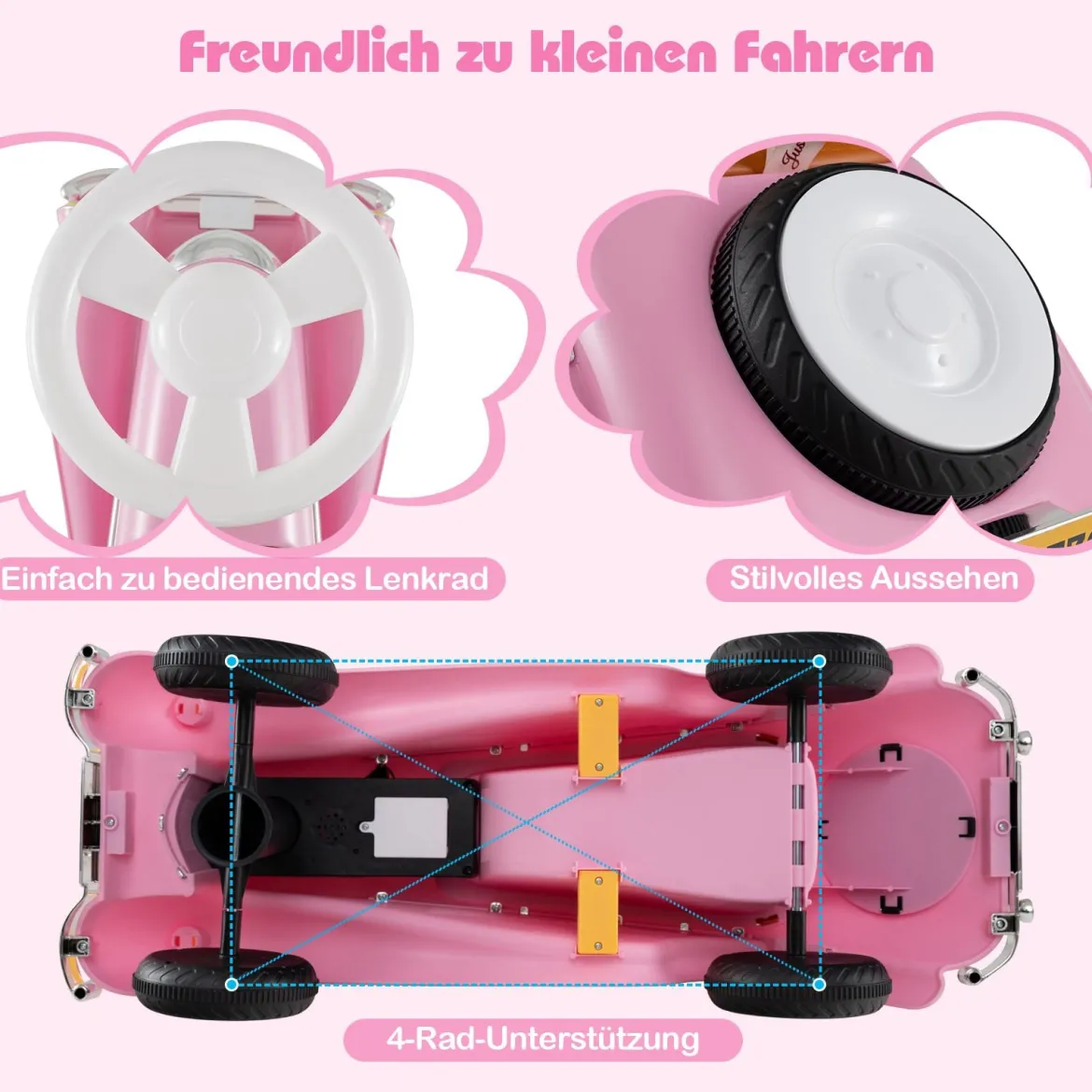 Rutschauto klassisches Fuß-zu-Boden Rutschfahrzeug mit Lenkrad Hupe LED-Scheinwerfer und Stauraum unter dem Sitz Rosa