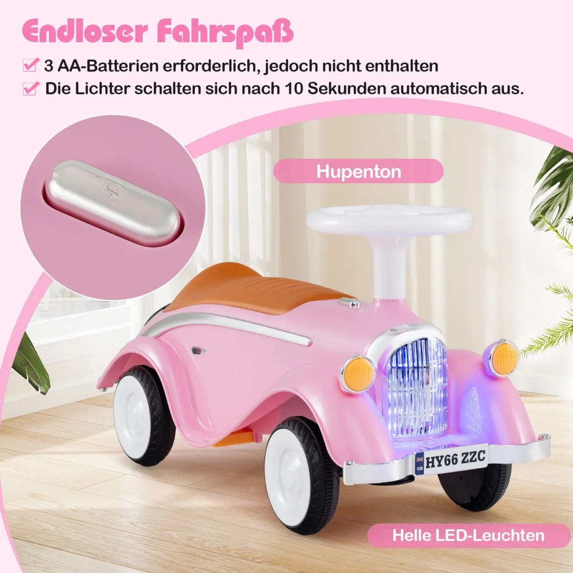 Rutschauto klassisches Fuß-zu-Boden Rutschfahrzeug mit Lenkrad Hupe LED-Scheinwerfer und Stauraum unter dem Sitz Rosa