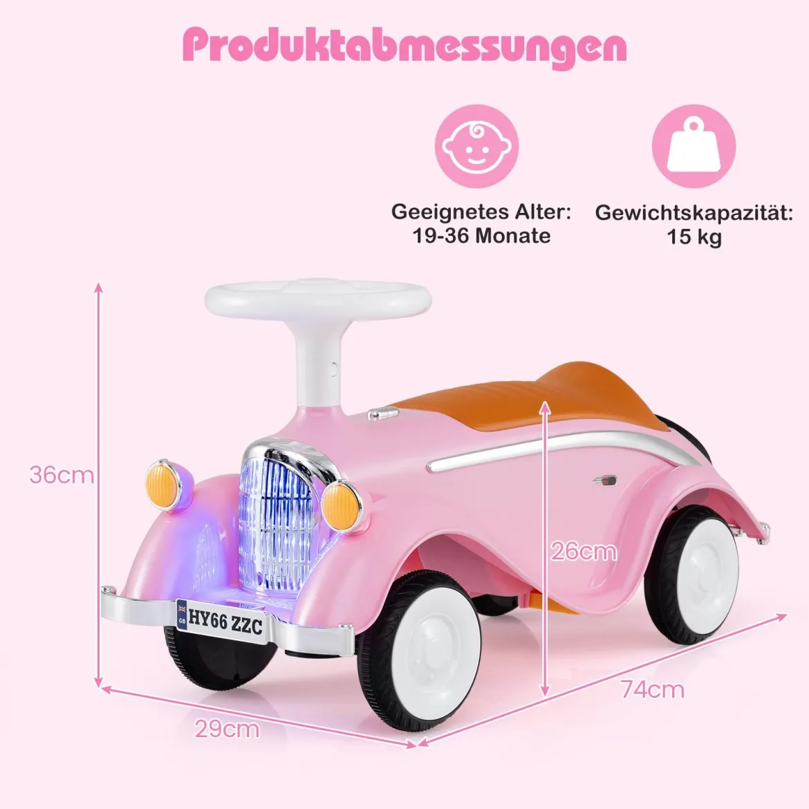 Rutschauto klassisches Fuß-zu-Boden Rutschfahrzeug mit Lenkrad Hupe LED-Scheinwerfer und Stauraum unter dem Sitz Rosa