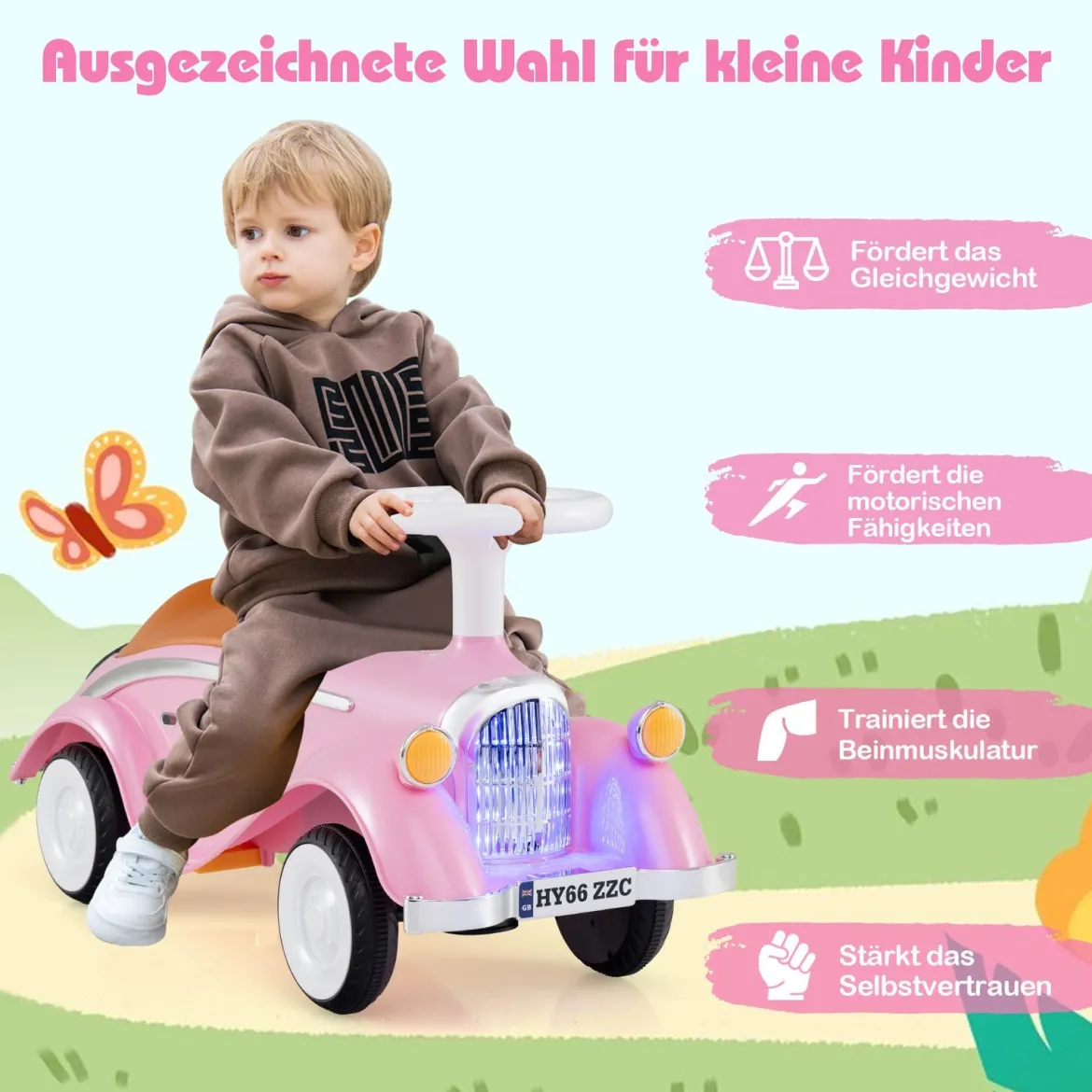Rutschauto klassisches Fuß-zu-Boden Rutschfahrzeug mit Lenkrad Hupe LED-Scheinwerfer und Stauraum unter dem Sitz Rosa