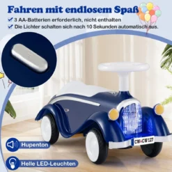 Rutschauto klassisches Fuß-zu-Boden Rutschfahrzeug mit Lenkrad Hupe LED-Scheinwerfer Blau/Dunkelblau/Rot
