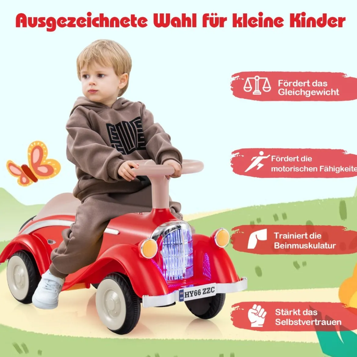 Rutschauto klassisches Fuß-zu-Boden Rutschfahrzeug mit Lenkrad Hupe LED-Scheinwerfer Blau/Dunkelblau/Rot