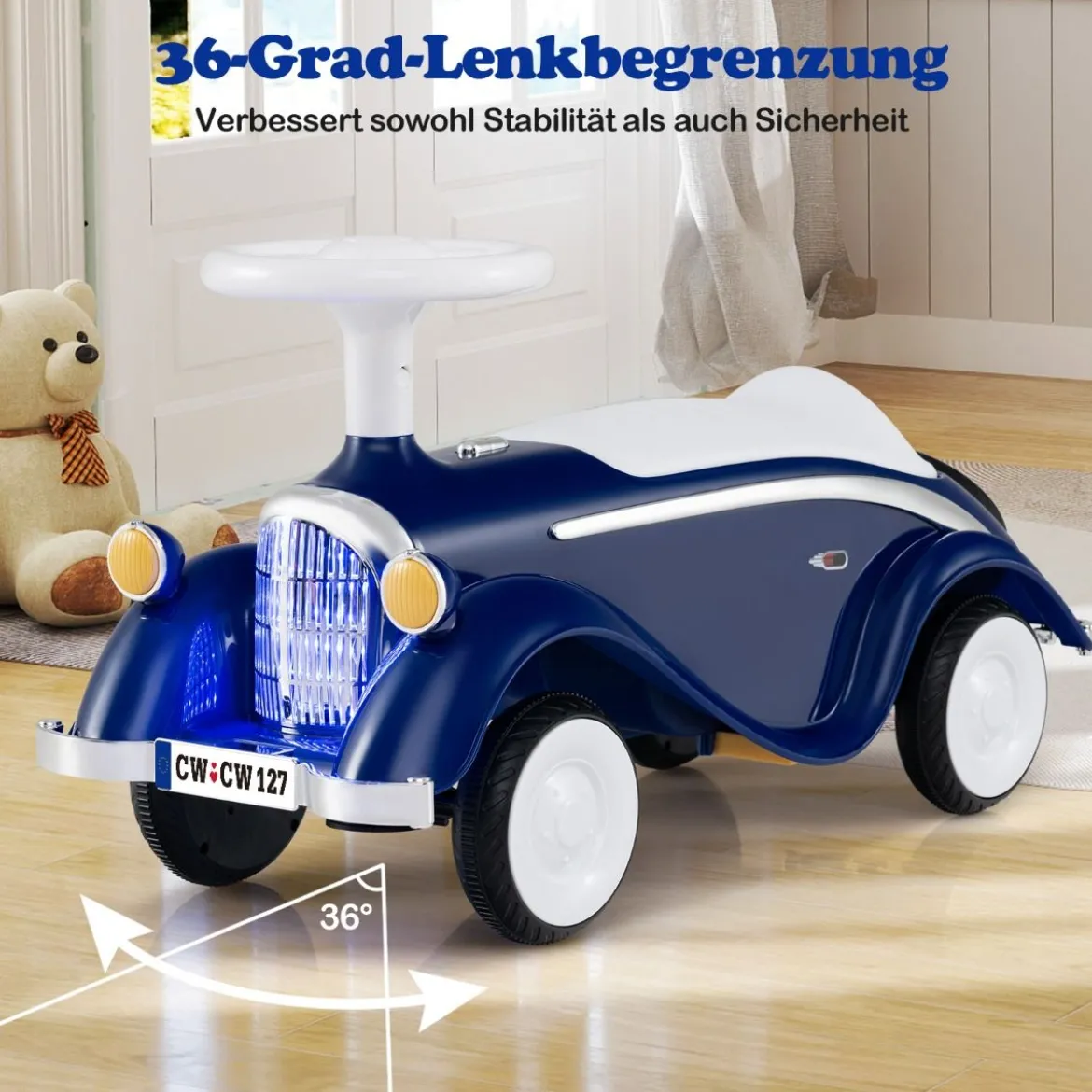 Rutschauto klassisches Fuß-zu-Boden Rutschfahrzeug mit Lenkrad Hupe LED-Scheinwerfer Blau/Dunkelblau/Rot