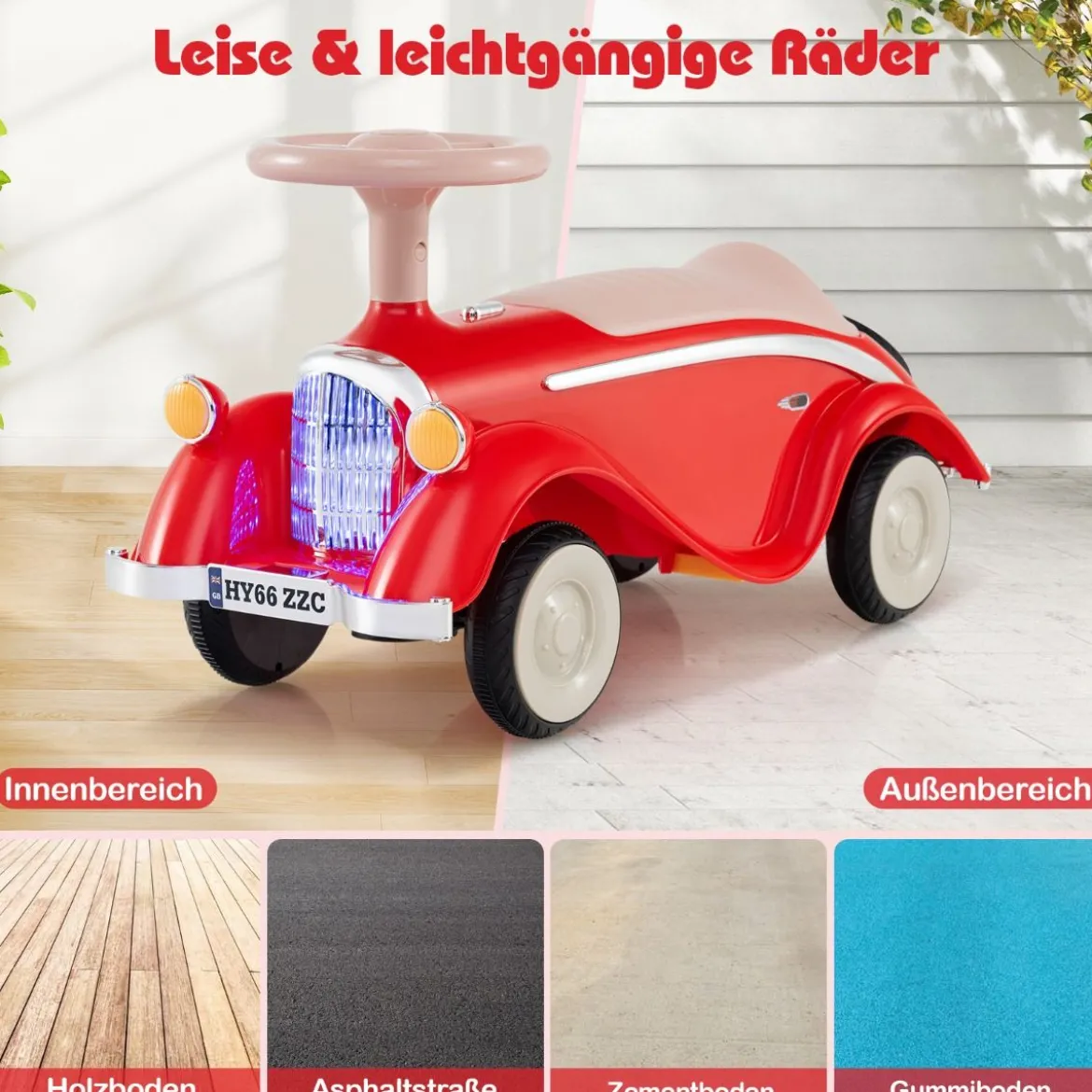 Rutschauto klassisches Fuß-zu-Boden Rutschfahrzeug mit Lenkrad Hupe LED-Scheinwerfer Blau/Dunkelblau/Rot