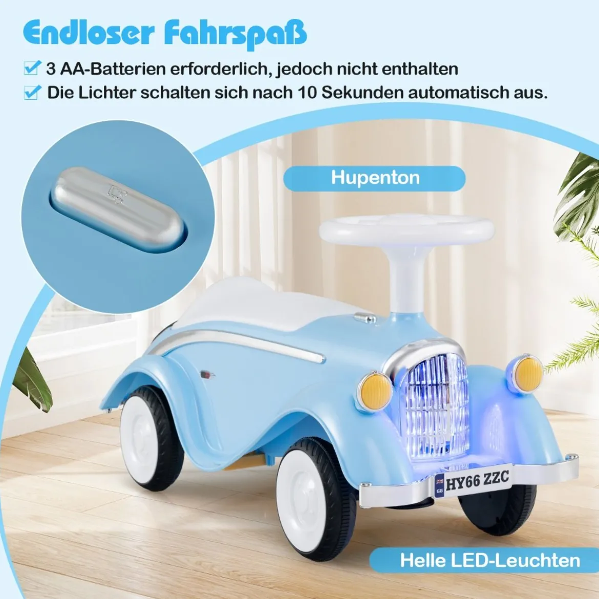 Rutschauto klassisches Fuß-zu-Boden Rutschfahrzeug mit Lenkrad Hupe LED-Scheinwerfer Blau/Dunkelblau/Rot