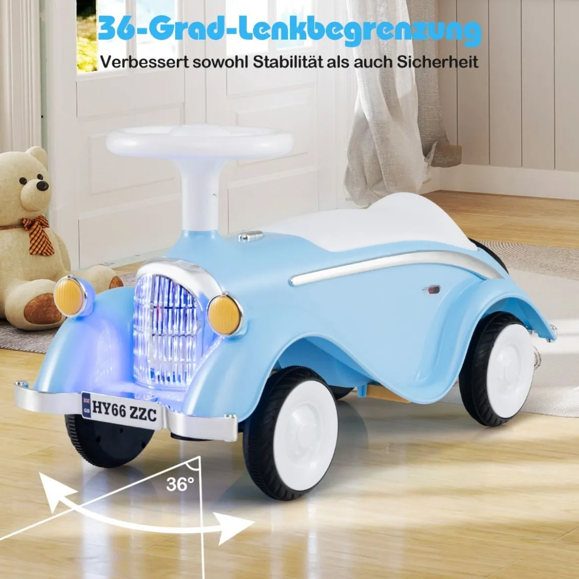 Rutschauto klassisches Fuß-zu-Boden Rutschfahrzeug mit Lenkrad Hupe LED-Scheinwerfer Blau/Dunkelblau/Rot