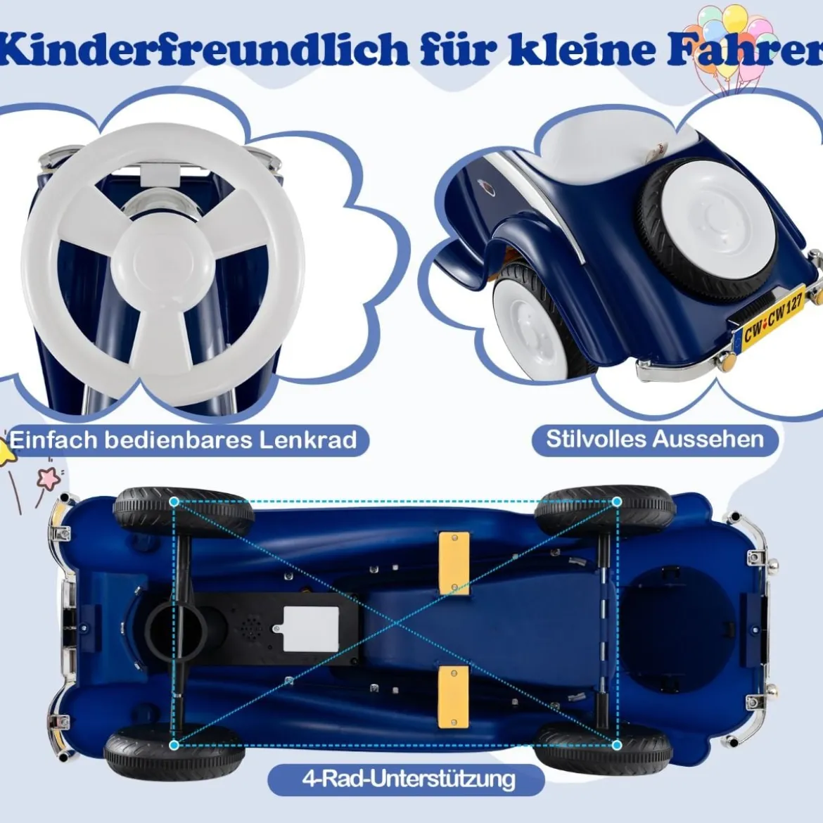 Rutschauto klassisches Fuß-zu-Boden Rutschfahrzeug mit Lenkrad Hupe LED-Scheinwerfer Blau/Dunkelblau/Rot