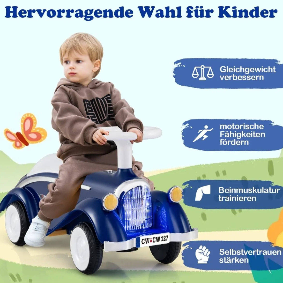 Rutschauto klassisches Fuß-zu-Boden Rutschfahrzeug mit Lenkrad Hupe LED-Scheinwerfer Blau/Dunkelblau/Rot