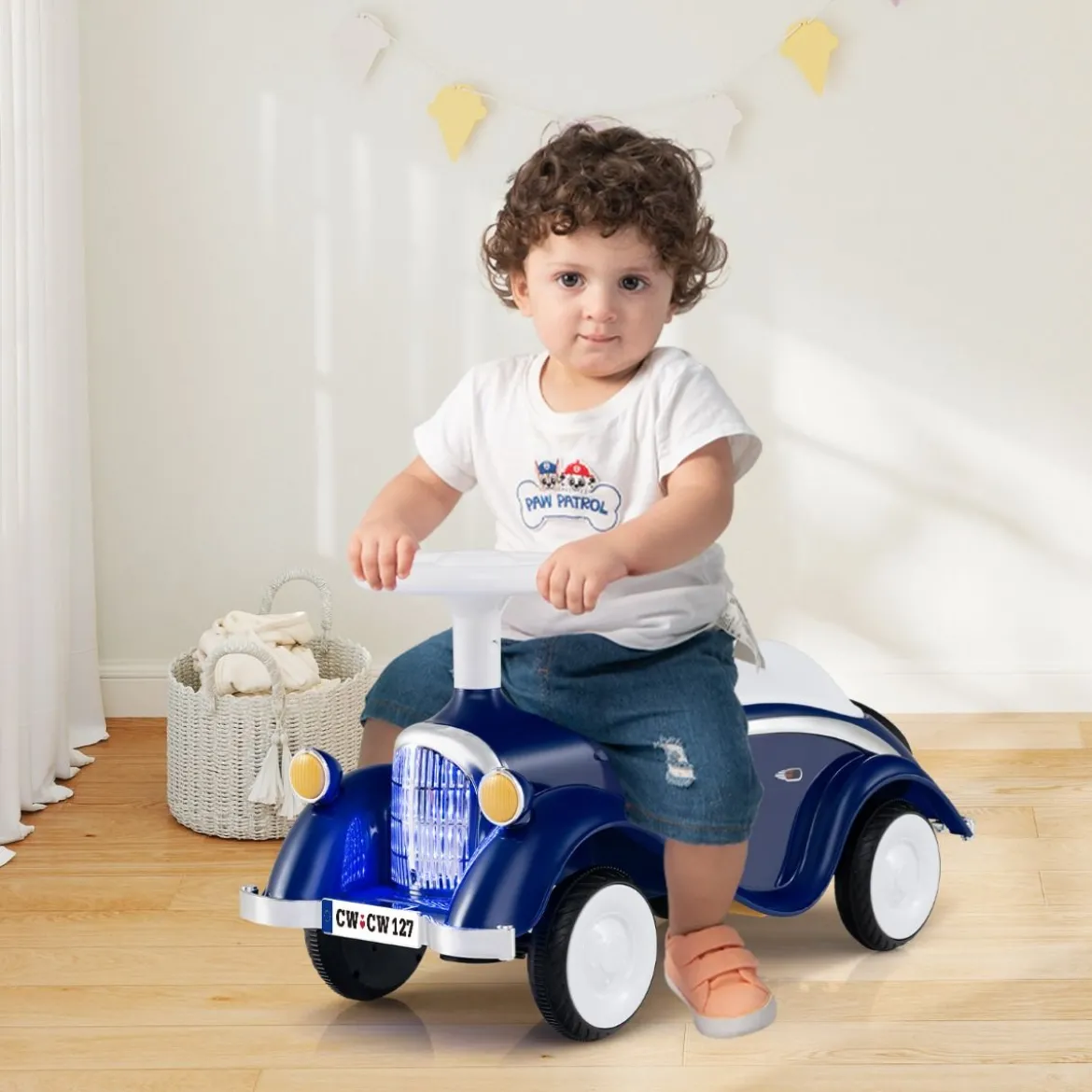 Rutschauto klassisches Fuß-zu-Boden Rutschfahrzeug mit Lenkrad Hupe LED-Scheinwerfer Blau/Dunkelblau/Rot
