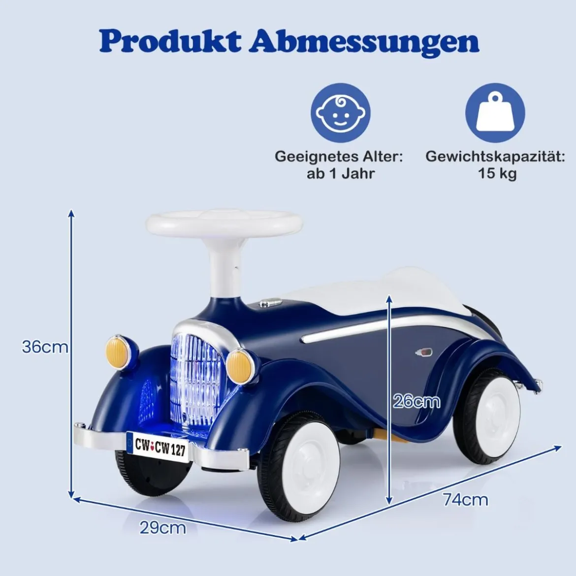 Rutschauto klassisches Fuß-zu-Boden Rutschfahrzeug mit Lenkrad Hupe LED-Scheinwerfer Blau/Dunkelblau/Rot