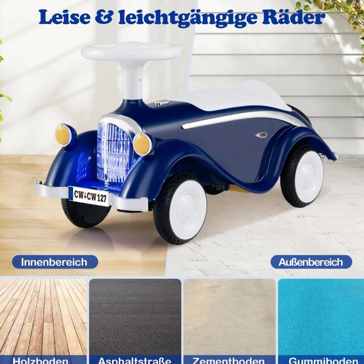 Rutschauto klassisches Fuß-zu-Boden Rutschfahrzeug mit Lenkrad Hupe LED-Scheinwerfer Blau/Dunkelblau/Rot