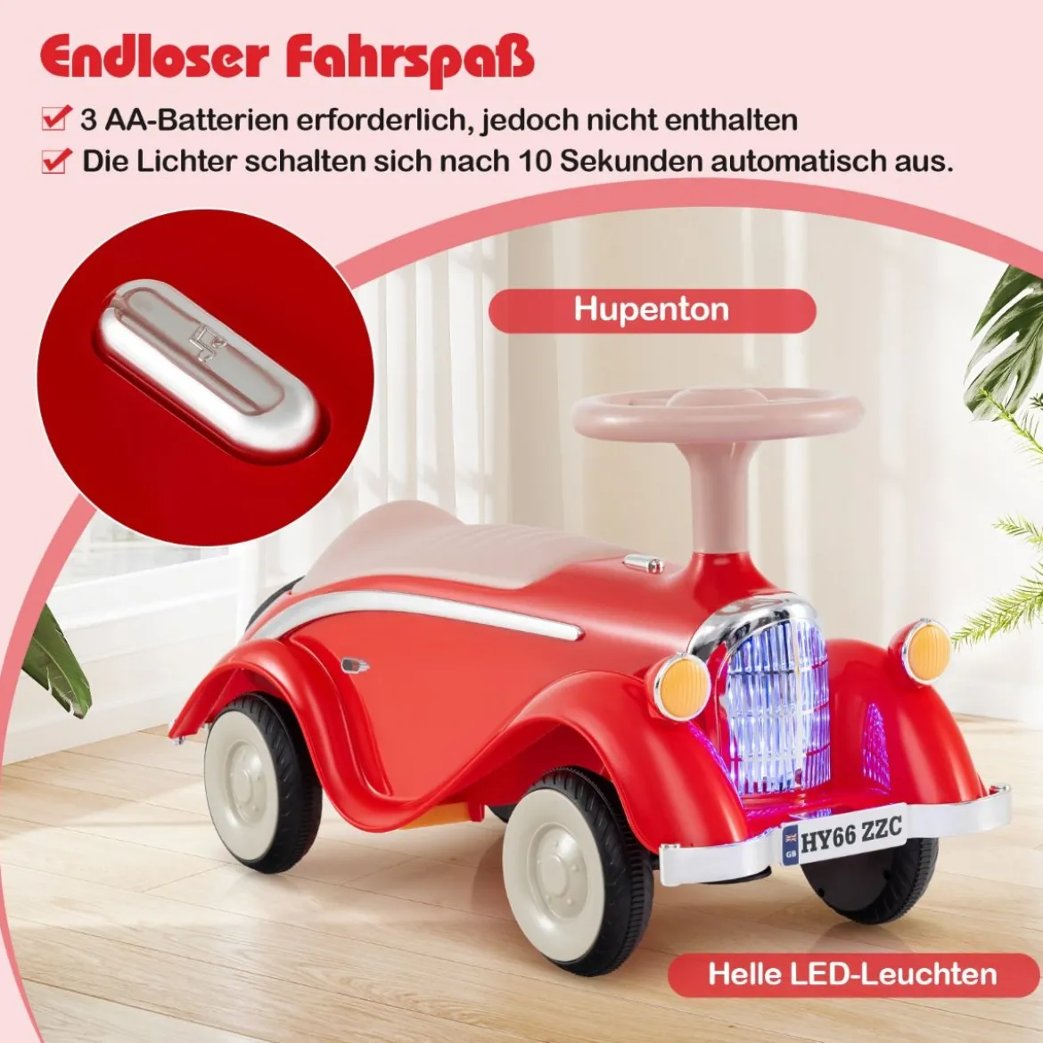 Rutschauto klassisches Fuß-zu-Boden Rutschfahrzeug mit Lenkrad Hupe LED-Scheinwerfer Blau/Dunkelblau/Rot